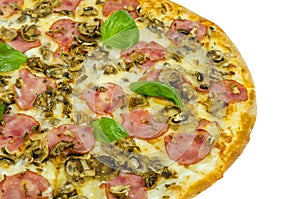 Tasty pizza with ham and mushrooms isolated on white background.