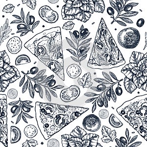 Tasty pizza ingredients background. Linear graphic. Italian pizza elements. Engraved seamless pattern.