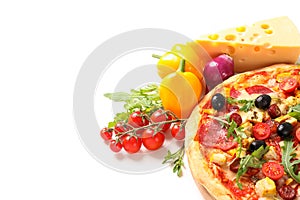 Tasty pizza and ingredients isolated on white