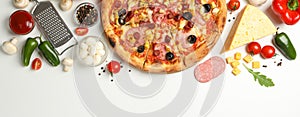 Tasty pizza and ingredients on white background, space for text