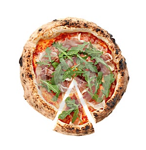 Tasty pizza with meat and arugula on white background, top view