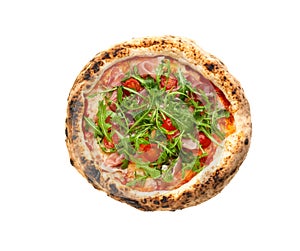 Tasty pizza with meat and arugula on white background, top view