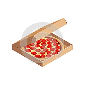 Tasty pizza pepperoni in box isometric