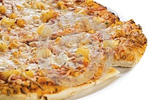 Tasty pizza with pineapple and corn