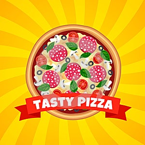 Tasty pizza with ribbon flat striped yellow