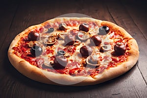 Tasty pizza on rustic wooden table