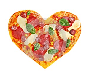 Tasty pizza in shape of heart, isolated on white