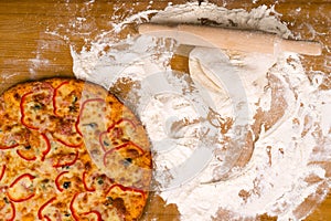 Tasty pizza on table with dough