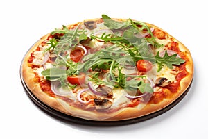 Tasty pizza with vegetables and arugula salad isolated. Generate Ai