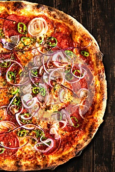 Tasty Pizza on Wooden Boards. Top Down Overhead View. Menu Brochure Layout Design