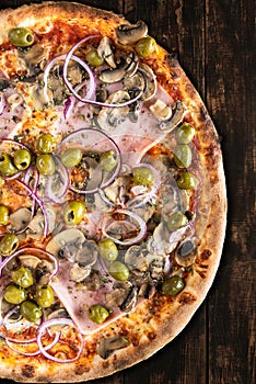 Tasty Pizza on Wooden Boards. Top Down Overhead View. Menu Brochure Layout Design