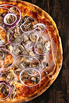 Tasty Pizza on Wooden Boards. Top Down Overhead View. Menu Brochure Layout Design