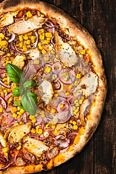 Tasty Pizza on Wooden Boards. Top Down Overhead View. Menu Brochure Layout Design