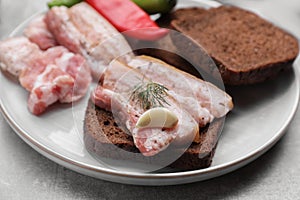 Tasty pork fatback with rye bread and spices on grey table, closeup