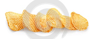 Tasty potato chips on white background