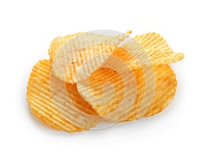 Tasty potato chips on white background