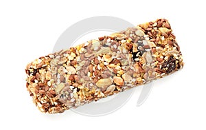 Tasty protein bar on white background