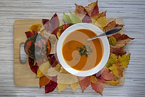 Tasty pumpkin bright orange soup with green seeds served on white plate and autumnal colorful leaves