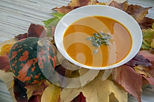 Tasty pumpkin bright orange soup with green seeds served on white plate and autumnal colorful leaves