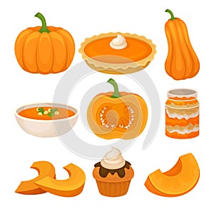 Tasty pumpkin dishes set, fresh ripe pumpkin and traditional Thanksgiving food vector Illustration on a white background