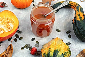 Tasty pumpkin jam or confiture on table