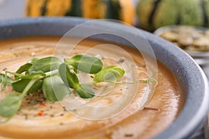 Tasty pumpkin soup with microgreens in bowl on table, closeup