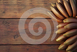 Tasty purple bananas on wooden table, top view. Space for text