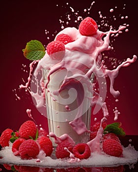 Tasty raspberry milkshake topped with cream, with splashes