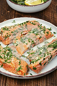 Tasty raw marinated salmon fish