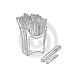 Tasty realistic french fries in carton board box drawing isolated on white background. Hand drawn vector sketch illustration in