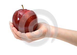 Tasty red apple in woman's hand on white, isolated