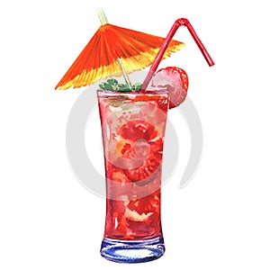 Tasty refreshing cold cocktail with strawberry, isolated, watercolor illustration