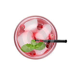 Tasty refreshing cranberry cocktail with mint isolated on white, top view