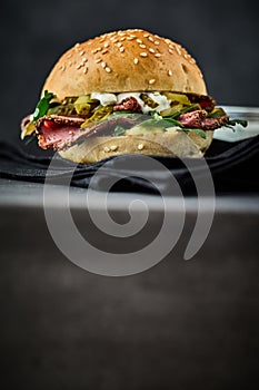 Tasty roast beef pastrami burger with pickles