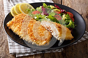 Tasty roasted Fish fillet in breadcrumbs and fresh vegetables cl photo