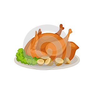 Tasty roasted turkey with greens and acorns. Traditional food for Thanksgiving dinner. Delicious holiday meal. Flat