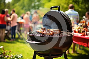 Tasty roasting meat beef steak BBQ grid grilling stripes ready for picnic celebration barbecue party outdoors people