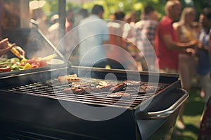 Tasty roasting meat beef steak BBQ grid grilling stripes ready for picnic celebration barbecue party outdoors people