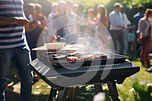 Tasty roasting meat beef steak BBQ grid grilling stripes ready for picnic celebration barbecue party outdoors people