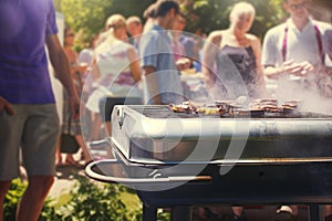 Tasty roasting meat beef steak BBQ grid grilling stripes ready for picnic celebration barbecue party outdoors people