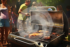 Tasty roasting meat beef steak BBQ grid grilling stripes ready for picnic celebration barbecue party outdoors people