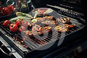 Tasty roasting meat beef steak with healthy grilled vegetables BBQ grid grilling stripes picnic celebration barbecue