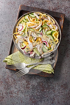 Tasty salad of boiled chicken, cucumber, red onion and chopped egg pancakes closeup on the plate. Vertical top view