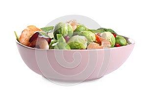 Tasty salad with Brussels sprouts in bowl isolated on white