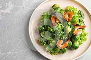 Tasty salad with Brussels sprouts on grey table, top view