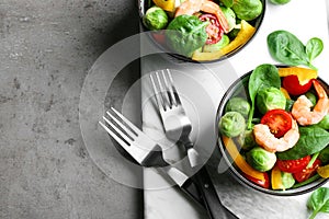 Tasty salad with Brussels sprouts served on table, flat lay