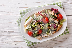 Tasty salad of grilled chicken, tomatoes and herbs with balsamic