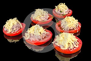 Tasty salad tapenade, tomato, yogurt, sour cream and cheese with reflection