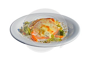 Tasty salmon lasagna with vegetables as a side