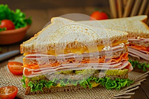Tasty sandwich american breakfast cheese ham meal snack lunch grilled gourmet simple dish healthy eating fast food salad